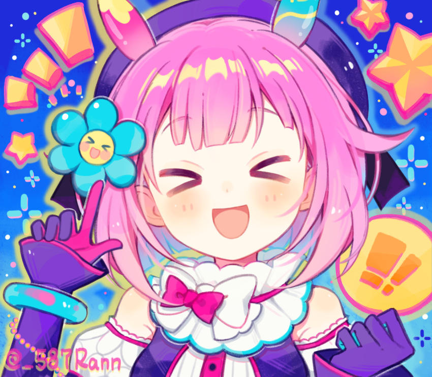 !, !!, >_<, 1girl, :d, animal_ears, asymmetrical_gloves, bare_shoulders