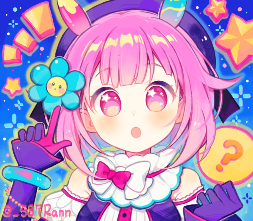 1girl, :o, ?, animal_ears, asymmetrical_gloves, bare_shoulders, blue_background, blue_flower