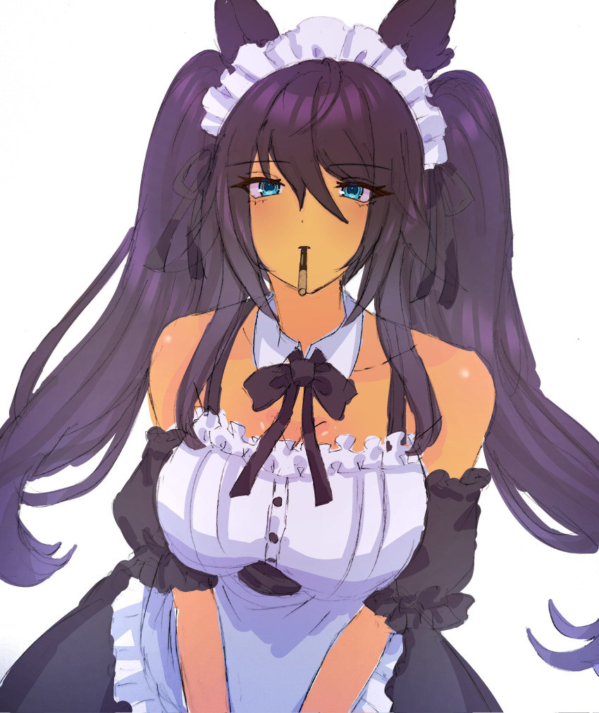 1girl, animal_ears, apron, black_hair, black_ribbon, blue_eyes, breasts, commentary_request, dark-skinned_female, dark_skin, detached_collar, detached_sleeves, ear_ornament, earrings, food, food_in_mouth, frills, hair_between_eyes, highres, horse_ears, horse_girl, jewelry, large_breasts, long_hair, looking_at_viewer, maid, maid_apron, maid_headdress, pocky, pocky_in_mouth, pocky_kiss, ponytail, remi-yuka-taimama, ribbon, simple_background, single_earring, solo, split_ponytail, symboli_kris_s_(umamusume), twintails, twintails_day, umamusume, v_arms, very_long_hair, white_background