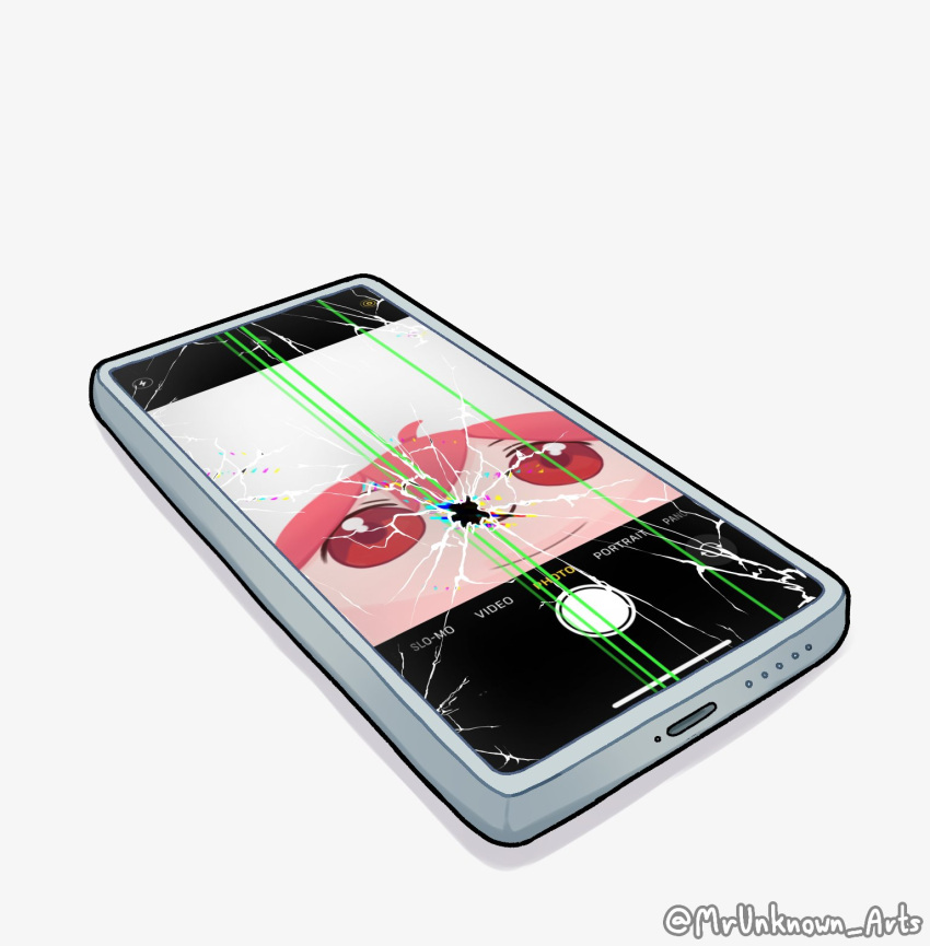 1girl, ahoge, broken_phone, broken_screen, cellphone, cellphone_photo, character_doll, doll, fatass_teto_(meme), figures_taking_selfie_(meme), highres, kasane_teto, kasane_teto_(utau), meme, mrunknown_arts, phone, red_eyes, smartphone, smile, user_interface, utau
