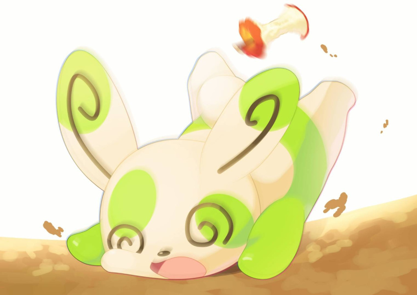 @_@, alternate_color, apple, apple_core, commentary_request, food, fruit, full_body