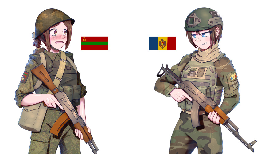 2girls, absurdres, ak-74, akms, assault_rifle, bag, blue_eyes, blush