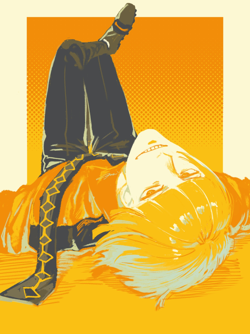 1boy, a_nzi_end, bleach, blonde_hair, blunt_bangs, border, commentary_request, grid_teeth