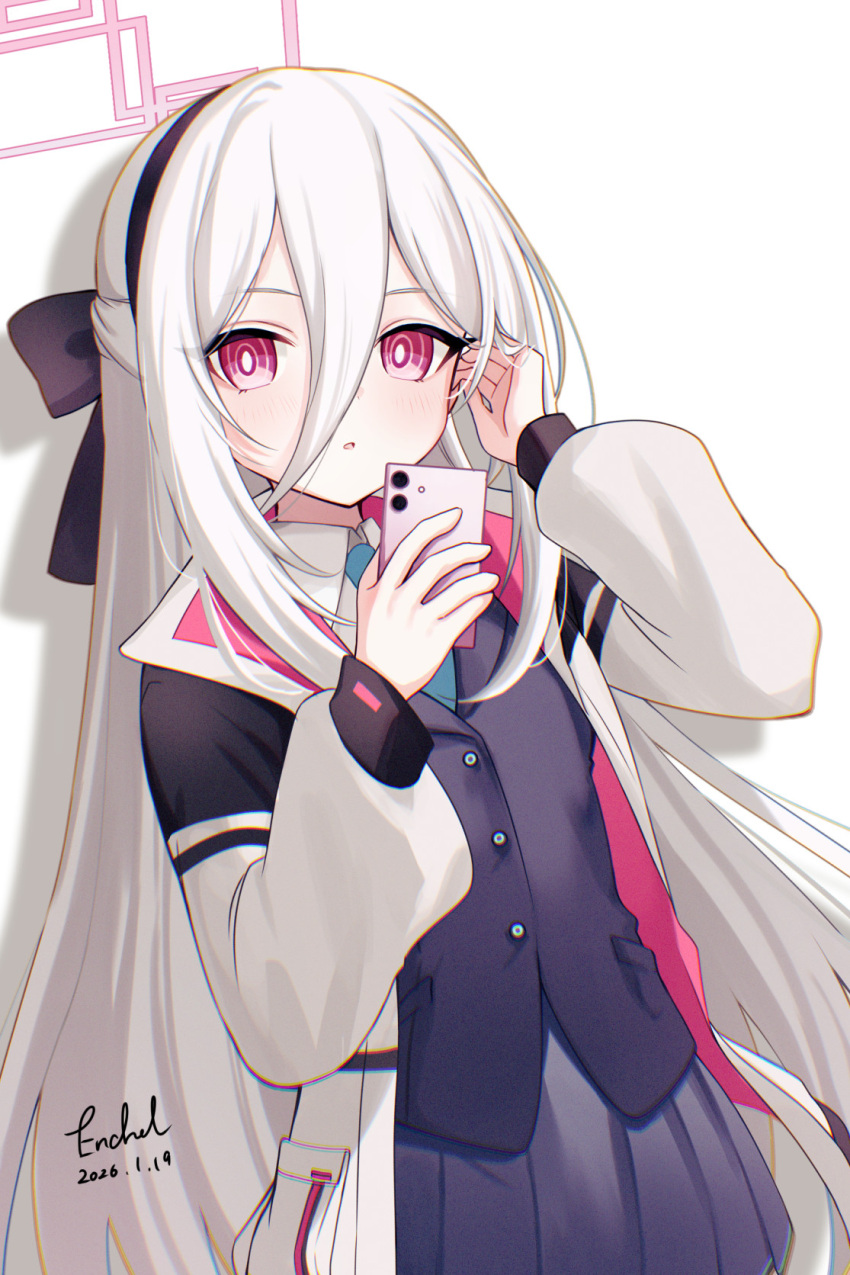 1girl, black_hairband, blue_archive, blue_necktie, blush, commentary_request, dated, double-parted_bangs