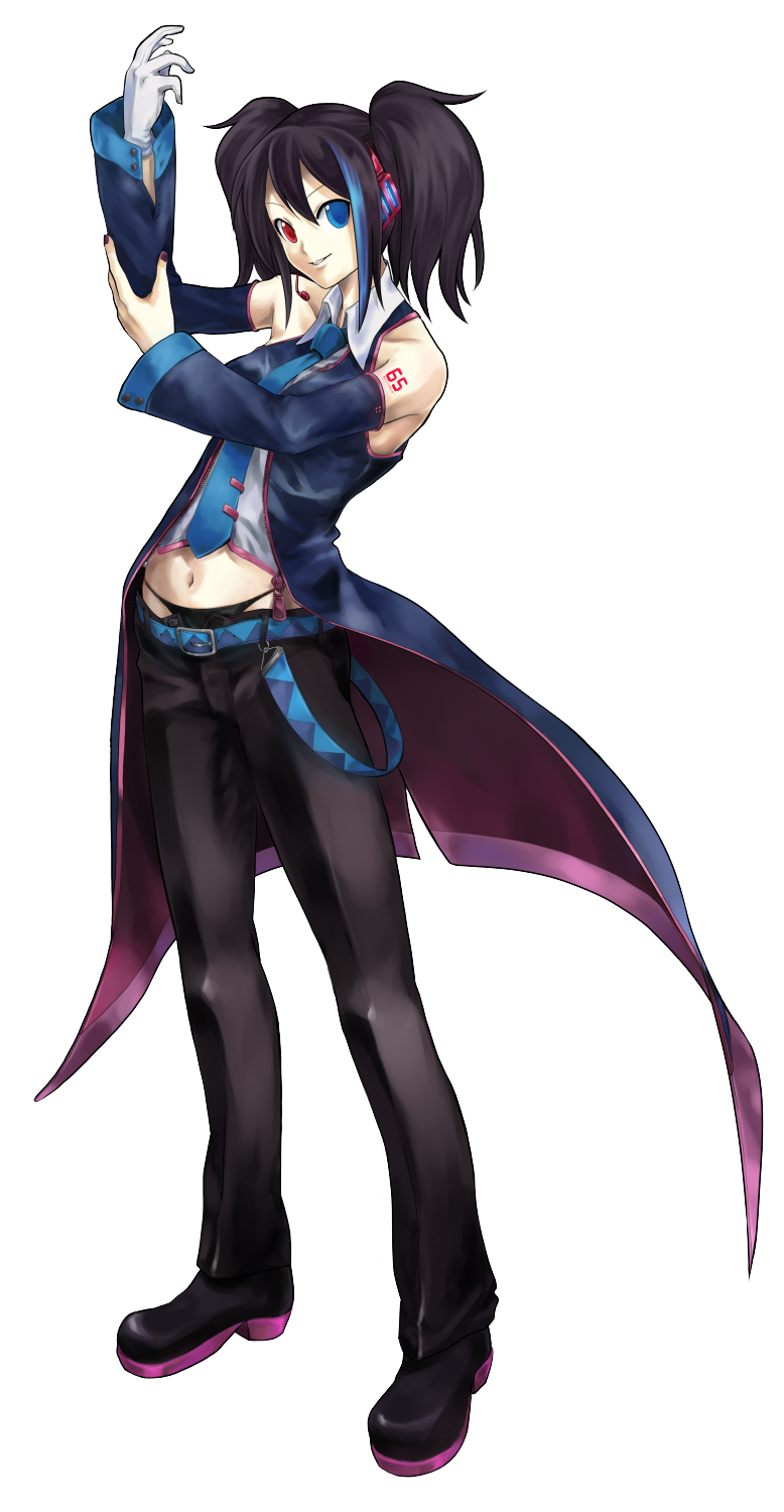 black_hair, black_panties, blue_eyes, blue_hair, collaboration, detached_sleeves, gloves, grin, headset, heterochromia, highleg, highleg_panties, highlights, highres, midriff, mill_(2ch), mugimeshi, multicolored_hair, navel, necktie, panties, red_eyes, simple_background, single_glove, smile, solo, string_panties, tattoo, twintails, two-tone_hair, underwear, utau, white_background, yokune_ruko