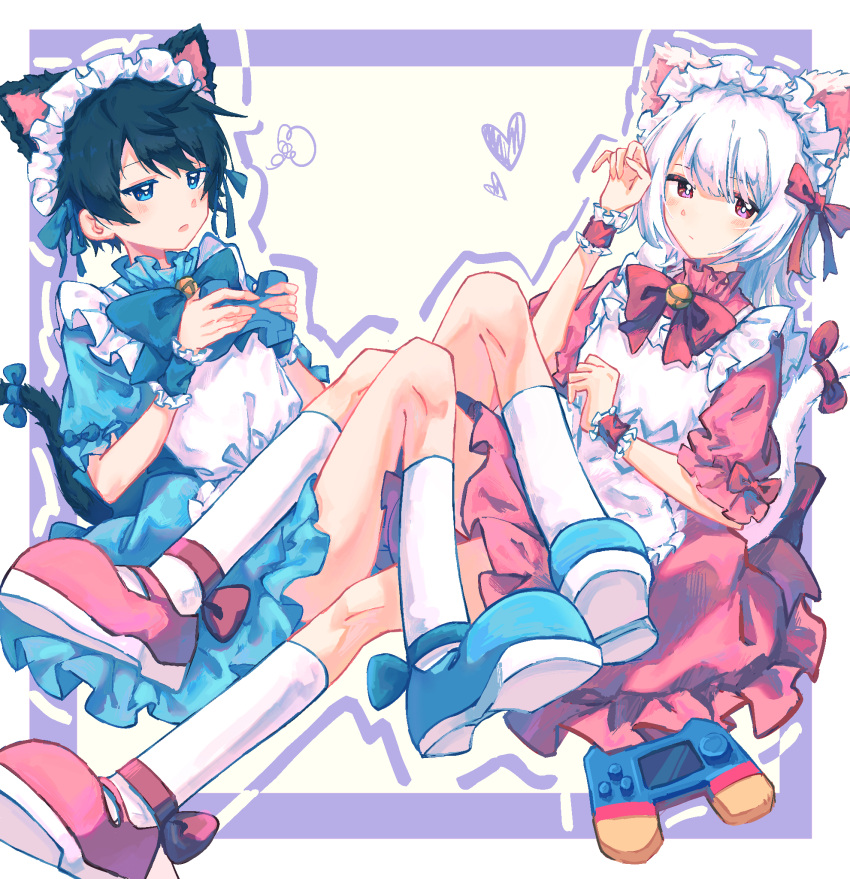 2boys, akinashi_haru, animal_ears, april_fools_2025_cat_ear_maid_outfit_(saihate_eki), apron, black_hair, blue_dress, blue_eyes