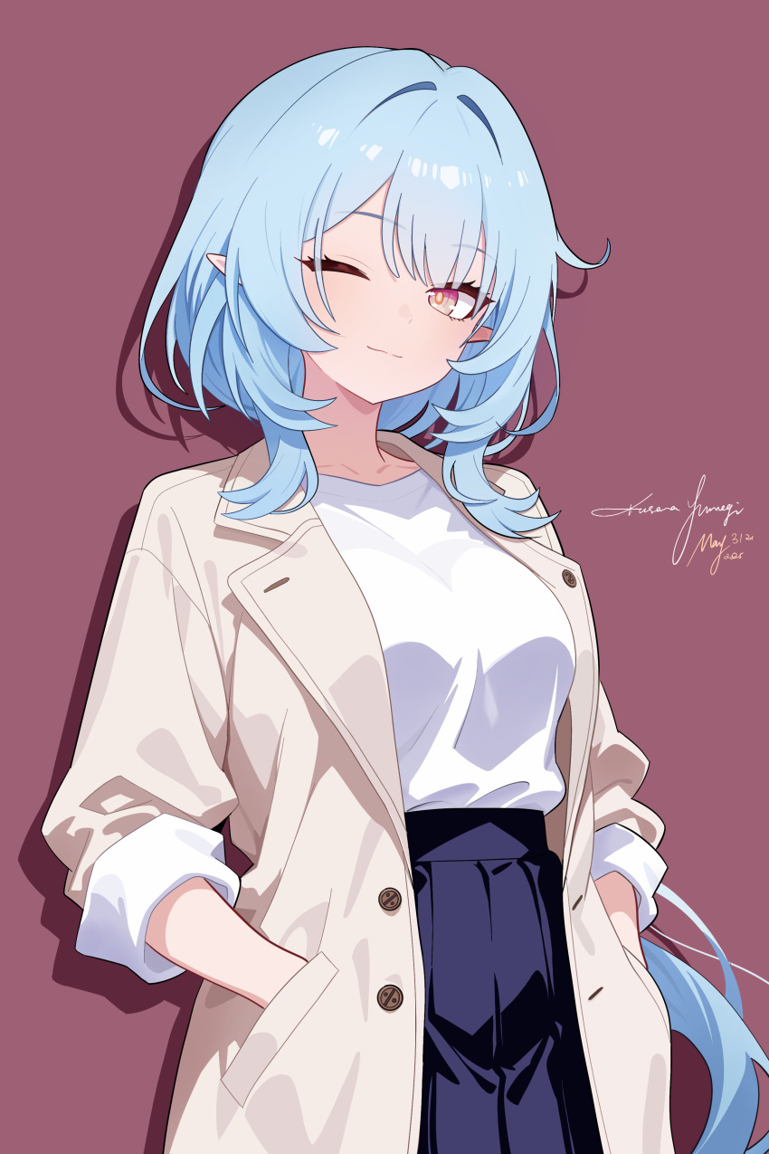 1girl, ;), absurdres, airbus_a350xwb, alternate_costume, blue_sky, breasts, brown_coat