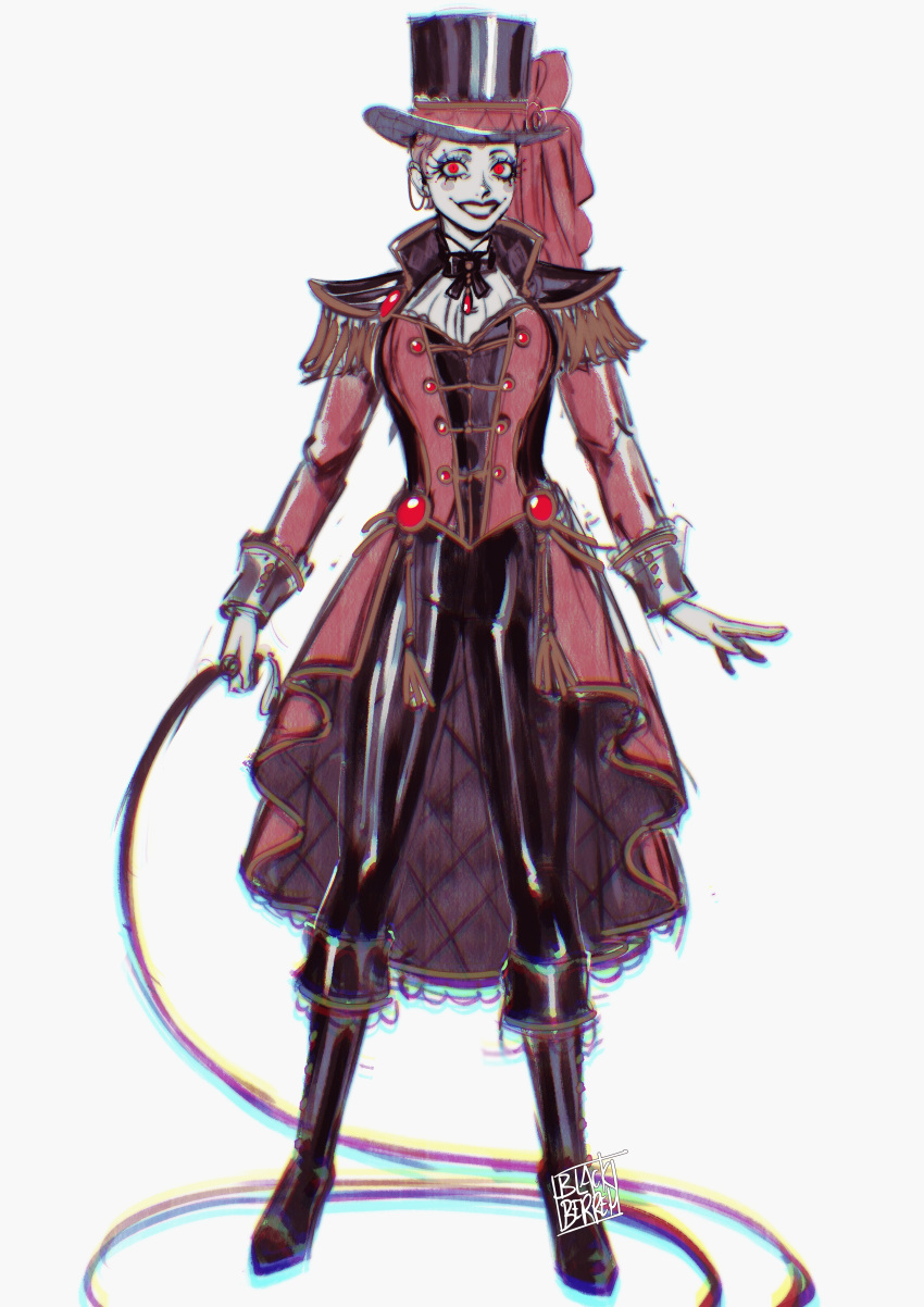 1girl, 1other, absurdres, beaded_eyelashes, blackberreh-art, boots, colored_skin, design_speculation, epaulettes, eyelashes, grin, hat, highres, holding, holding_whip, lips, makeup, nikola_orsinov, pants, red_eyes, red_hair, rouge_(makeup), short_hair, smile, solo, the_magnus_archives, very_short_hair, whip, white_skin