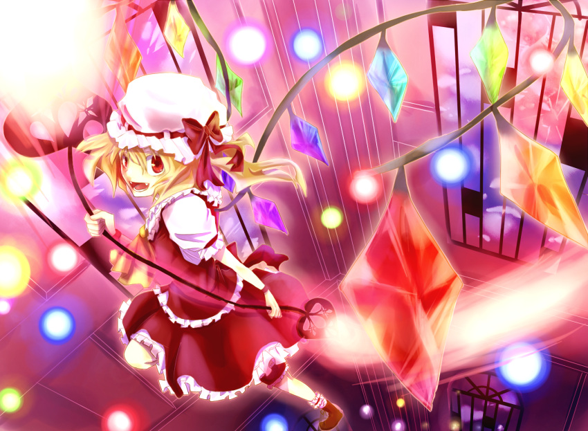 23ichiya, blonde_hair, danmaku, fangs, flandre_scarlet, hat, laevatein, red_eyes