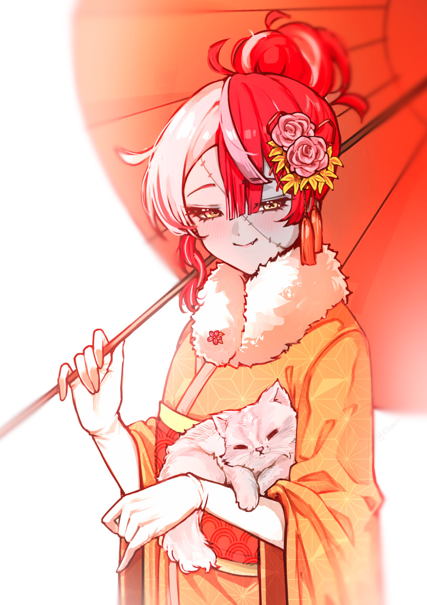 1girl, absurdres, animal, cat, colored_skin, commentary, elbow_gloves, english_commentary