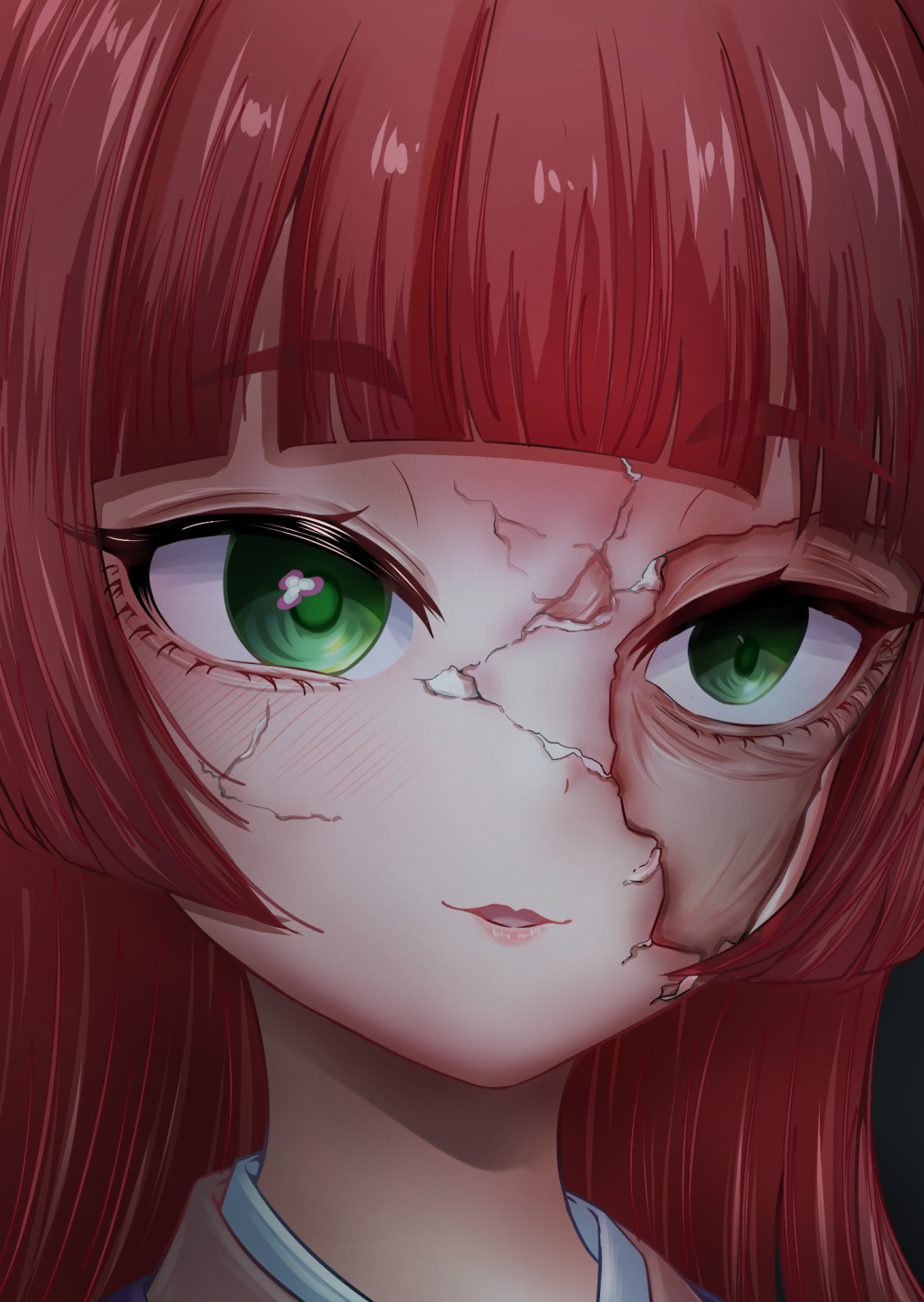 1girl, blunt_bangs, commentary, crack, cracked_kawaii_mask, green_eyes, highres, kimi_no_koto_ga_dai_dai_dai_dai_daisuki_na_100-nin_no_kanojo