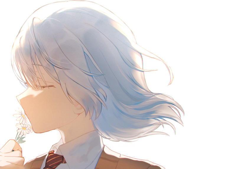 1boy, brown_cardigan, cardigan, closed_eyes, dress_shirt, fleabane, flower, highres