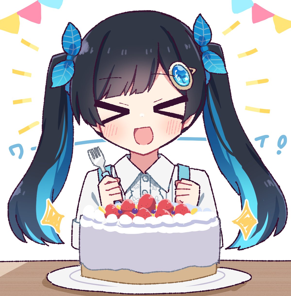 >_<, 1girl, :d, alternate_hairstyle, black_hair, blue_hair, blue_ribbon, blunt_bangs