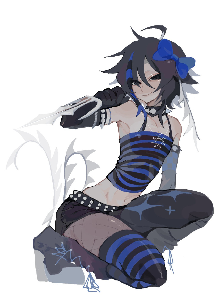 1other, ahoge, asymmetrical_legwear, belt, black_belt, black_boots, black_eyes, black_gloves, black_hair, black_shorts, black_thighhighs, blue_bow, boots, bow, choker, closed_mouth, elbow_gloves, english_commentary, fishnet_pantyhose, fishnets, forsaken_(roblox), full_body, gloves, hair_bow, highres, holding, holding_weapon, jewelry, kuroda, lace-up_boots, midriff, mismatched_legwear, multicolored_thighhighs, navel, necklace, pantyhose, raccoon_tails_(hairstyle), roblox, scene_fashion, short_shorts, shorts, smile, solo, spawn_(roblox), spiked_belt, spiked_choker, spikes, tail, tank_top, thigh-highs, two-tone_tank_top, two-tone_thighhighs, two_time_(forsaken), weapon