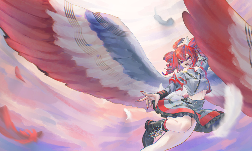 1girl, absurdres, ahoge, angel_wings, black_boots, boots, bow, buttons, double-breasted, drill_hair, feathered_wings, feathers, flapping, frilled_skirt, frills, grey_jacket, grey_skirt, grey_sleeves, grey_wings, hair_between_eyes, hair_ornament, hair_ribbon, hashtag-only_commentary, highres, hoot_(00hoot), jacket, kasane_teto, kasane_teto_(sv), long_sleeves, looking_at_viewer, midriff, open_mouth, outstretched_arm, red_eyes, red_hair, red_nails, red_trim, red_wings, ribbon, shoulder_belt, shoulder_boards, skirt, sleeve_cuffs, solo, striped_clothes, striped_jacket, striped_skirt, synthesizer_v, teeth, twin_drills, upper_teeth_only, white_bow, white_ribbon, white_wings, wings