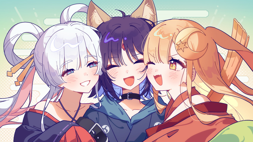 3girls, absurdres, animal_ears, black_hair, blonde_hair, blue_eyes, blue_hair, blush