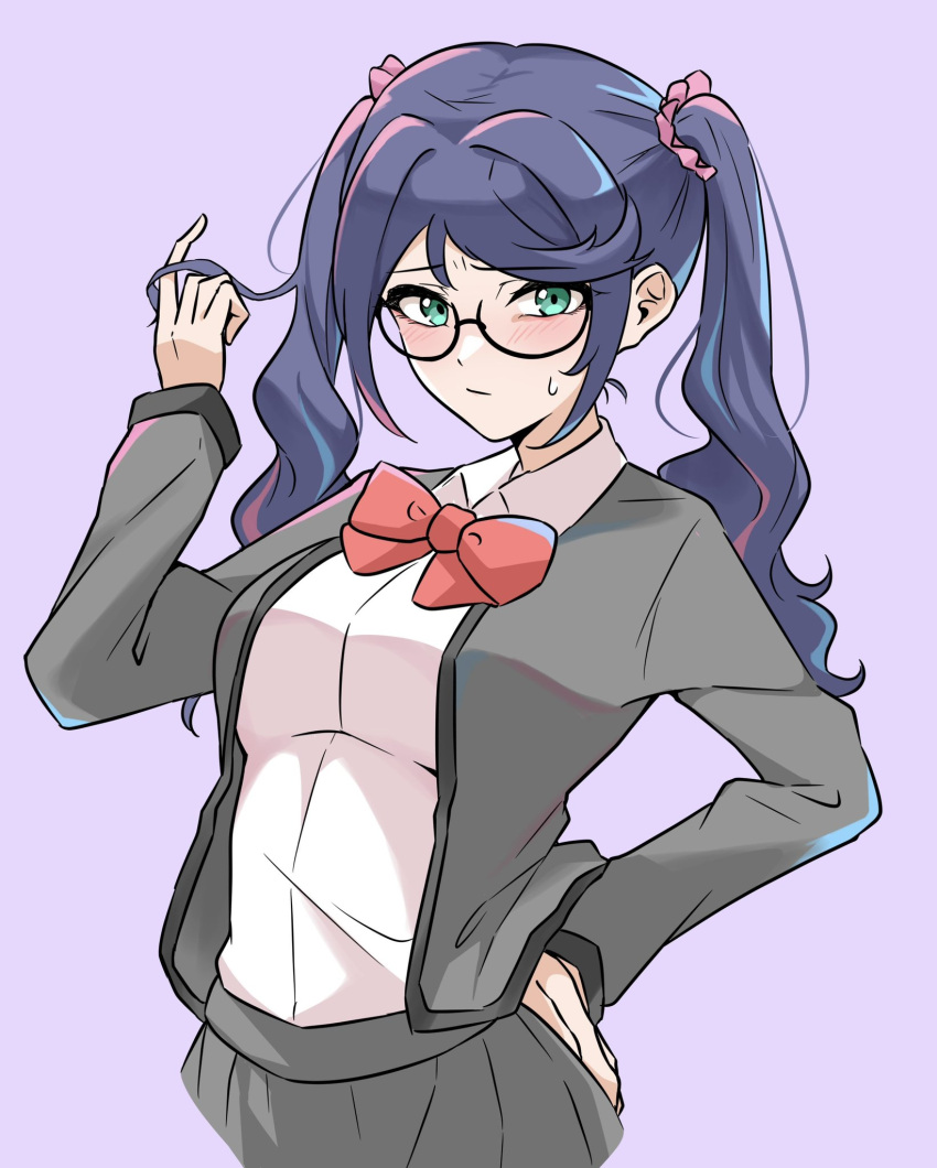 1girl, alternate_hairstyle, black-framed_eyewear, black_hair, blush, breasts, closed_mouth, collared_shirt, commentary_request, cropped_torso, furrowed_brow, glasses, green_eyes, grey_jacket, grey_skirt, hair_ornament, hair_scrunchie, hand_on_own_hip, hand_up, highres, hoshimi_junna, jacket, large_breasts, long_hair, long_sleeves, looking_at_viewer, nittora, open_clothes, open_jacket, pink_scrunchie, pleated_skirt, purple_background, school_uniform, scrunchie, seishou_music_academy_uniform, shirt, shirt_tucked_in, shoujo_kageki_revue_starlight, simple_background, skirt, solo, sweatdrop, twintails, twintails_day, twirling_hair, upper_body, white_shirt