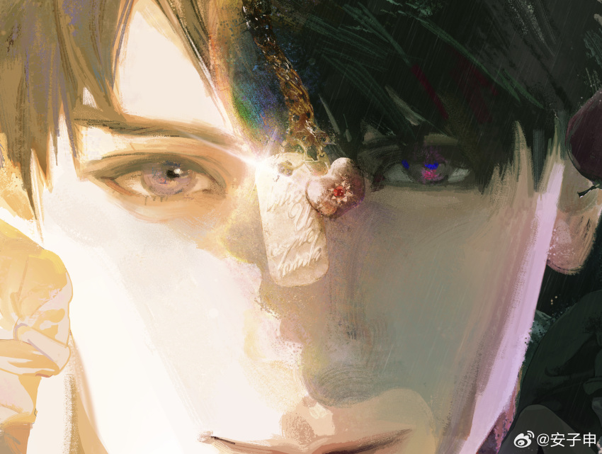 1boy, anzishen, artist_self-insert, black_hair, caleb_(love_and_deepspace), chinese_commentary, commentary_request, commissioner_insert
