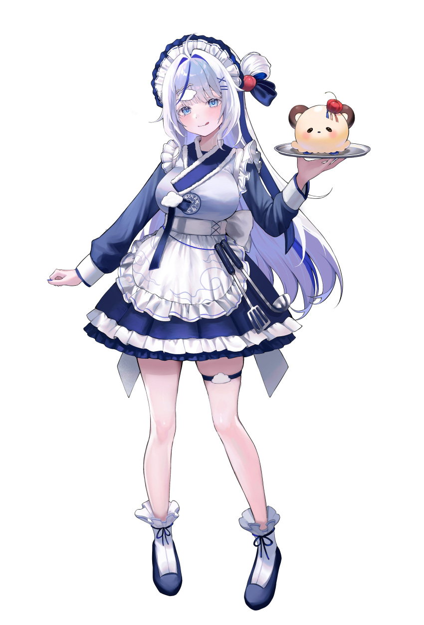 1girl, absurdres, ahoge, aokumo_rin, apron, blue_dress, blue_eyes, blue_hair, blue_nails, blue_ribbon, blue_shoes, breasts, closed_mouth, cloud_hair_ornament, cloud_print, dress, eengchi, frilled_apron, frilled_dress, frills, full_body, hair_ornament, hair_ribbon, hairclip, hashtag-only_commentary, highres, holding, holding_tray, kurimi_(aokumo_rin), ladle, large_breasts, long_hair, long_sleeves, maid_apron, maid_headdress, multicolored_hair, parallel_hairclips, pleated_dress, ribbon, shoes, simple_background, socks, spatula, stellive, streaked_hair, thigh_strap, tray, virtual_youtuber, white_apron, white_background, white_hair, white_socks, x_hair_ornament
