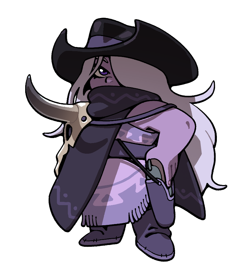 1girl, alternate_costume, amethyst_(steven_universe), colored_skin, cowboy_hat, discount-supervillain, gem_(steven_universe), hair_over_one_eye, hat, long_hair, plump, purple_skin, round_nose, skull, solo, steven_universe, white_hair