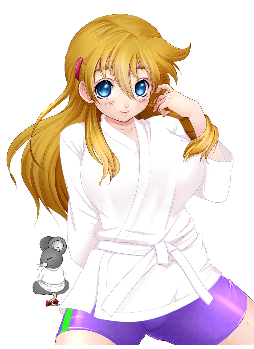 1girl, absurdres, arm_behind_back, blonde_hair, blue_eyes, blush, breasts, closed_mouth