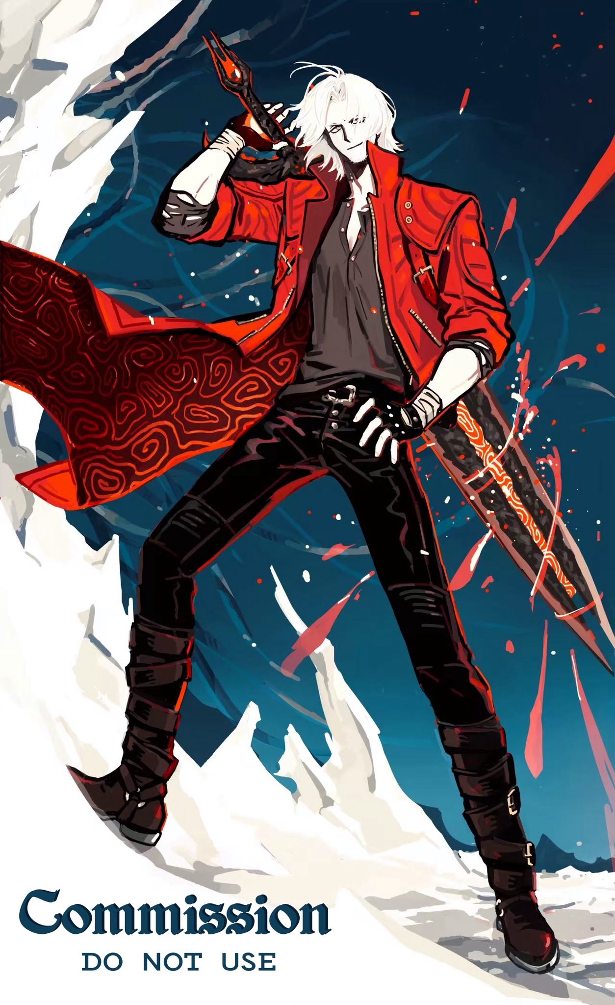 1boy, belt_buckle, bishounen, black_gloves, black_pants, boots, brown_boots, buckle, coat, commission, dante_(devil_may_cry), devil_may_cry_(series), devil_may_cry_5, fingerless_gloves, gloves, hand_on_own_hip, hashtag-only_commentary, highres, holding, holding_sword, holding_weapon, hong_990, male_focus, over_shoulder, pale_skin, pants, rebellion_(sword), red_coat, solo, sword, sword_over_shoulder, weapon, weapon_over_shoulder, white_hair