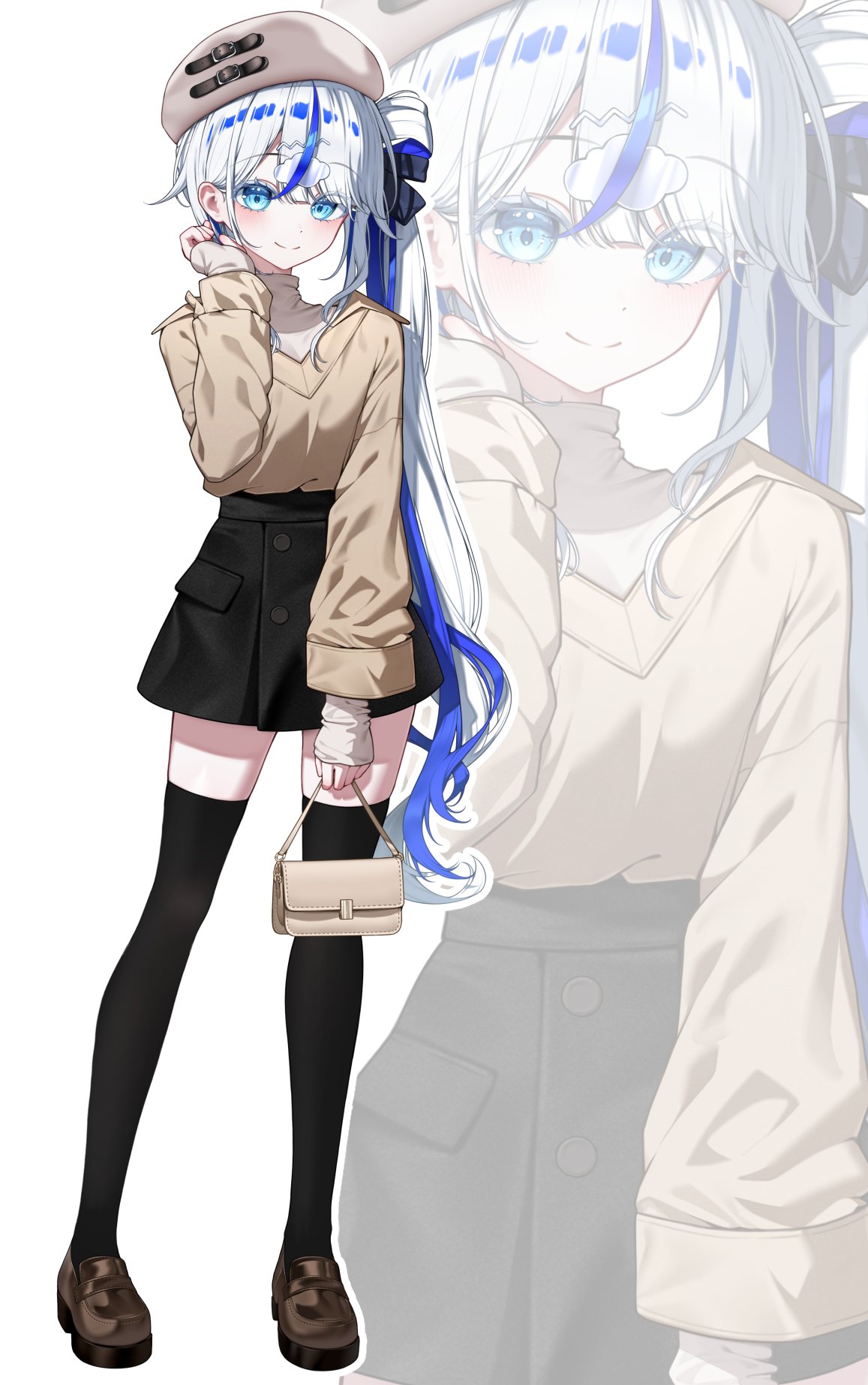 1girl, aokumo_rin, bag, beret, black_skirt, black_thighhighs, blue_eyes, blue_hair