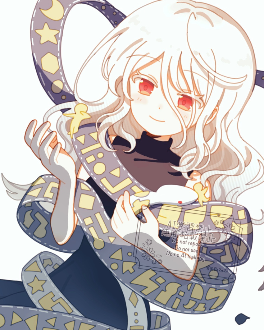 1girl, black_dress, closed_mouth, commentary, dress, grey_hair, hair_between_eyes, highres