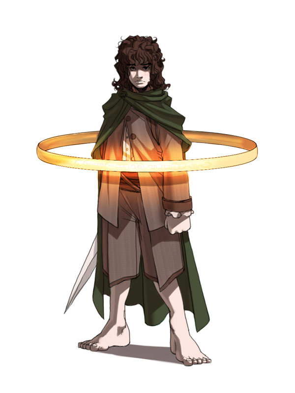 brown_hair, cape, curly_hair, falcoon, frodo_baggins, hobbit, lord_of_the_rings, sword