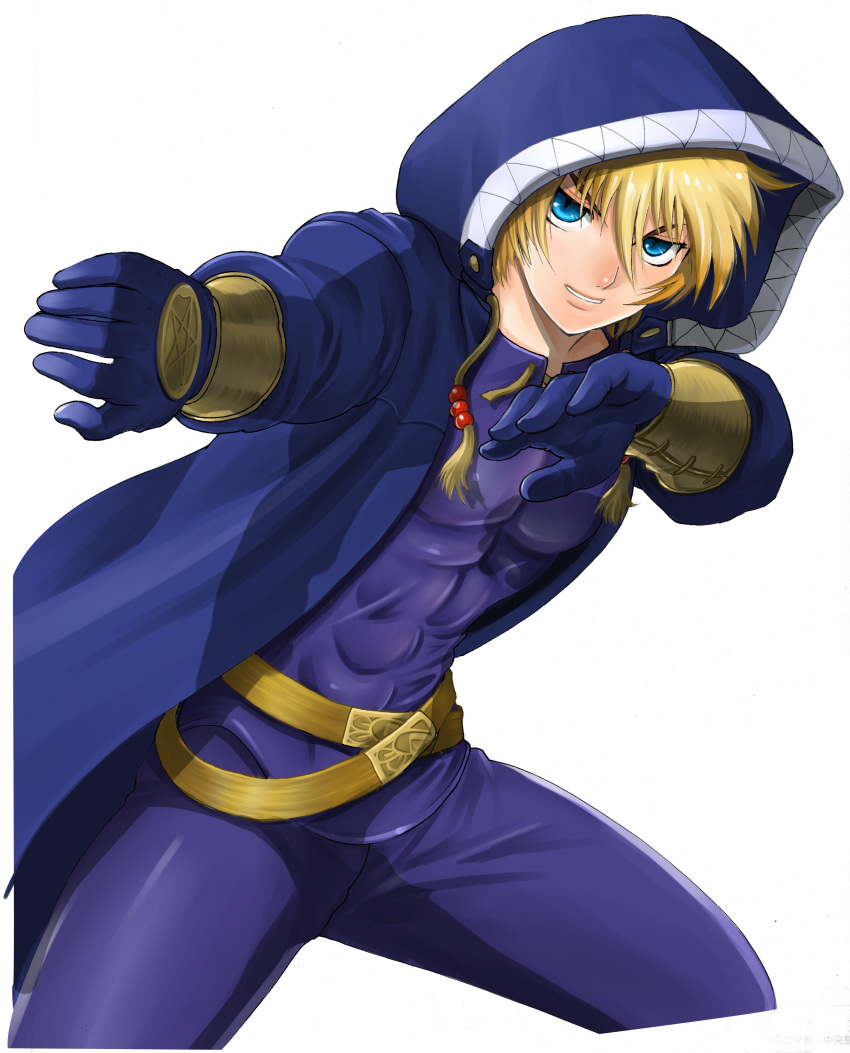 1girl, abs, absurdres, belt, blonde_hair, blue_gloves, blue_jacket, clenched_teeth