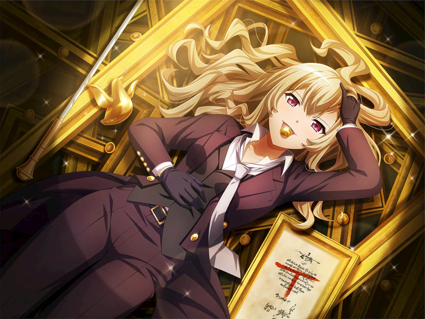 1girl, black_gloves, black_vest, brown_jacket, brown_pants, coin_in_mouth, collarbone, collared_shirt