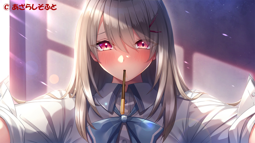 1girl, anesaki_amane, blue_bow, blue_bowtie, bow, bowtie, brown_hair, collared_shirt, copyright_notice, eyes_visible_through_hair, food, food_in_mouth, hair_between_eyes, hair_ornament, hairclip, kakao_(chocolate_land), long_hair, looking_at_viewer, official_art, pocky, pocky_in_mouth, red_eyes, school_uniform, shirt, solo, toshiue_kanojo, white_shirt, wing_collar