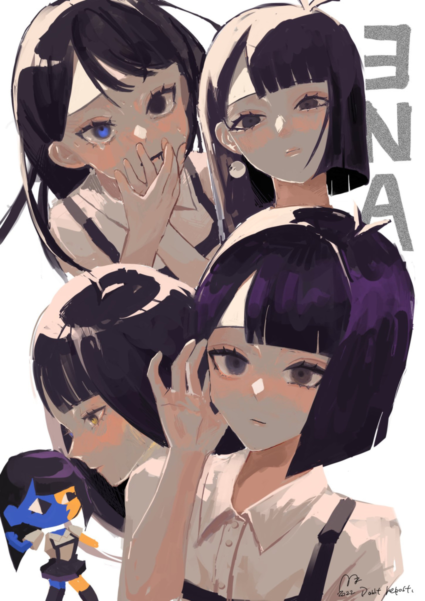 1girl, asymmetrical_hair, black_eyes, black_hair, blue_eyes, blue_skin, blunt_bangs, blunt_ends
