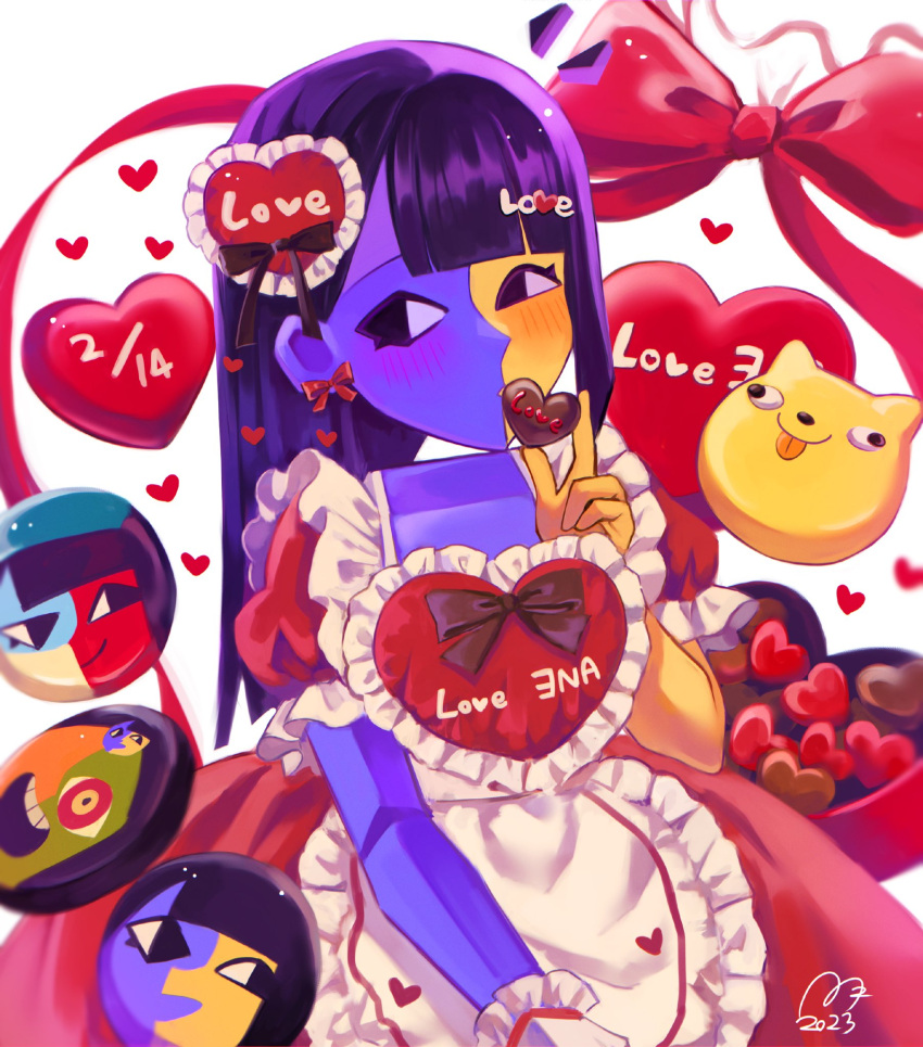 1girl, alternate_costume, asymmetrical_hair, black_eyes, black_hair, blue_skin, blunt_bangs, blush