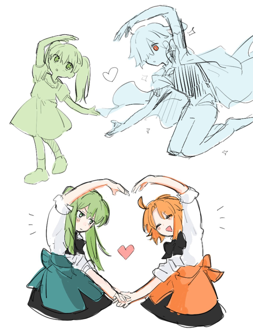 1other, 2girls, aged_down, arms_up, black_bow, bow, closed_eyes, commentary_request