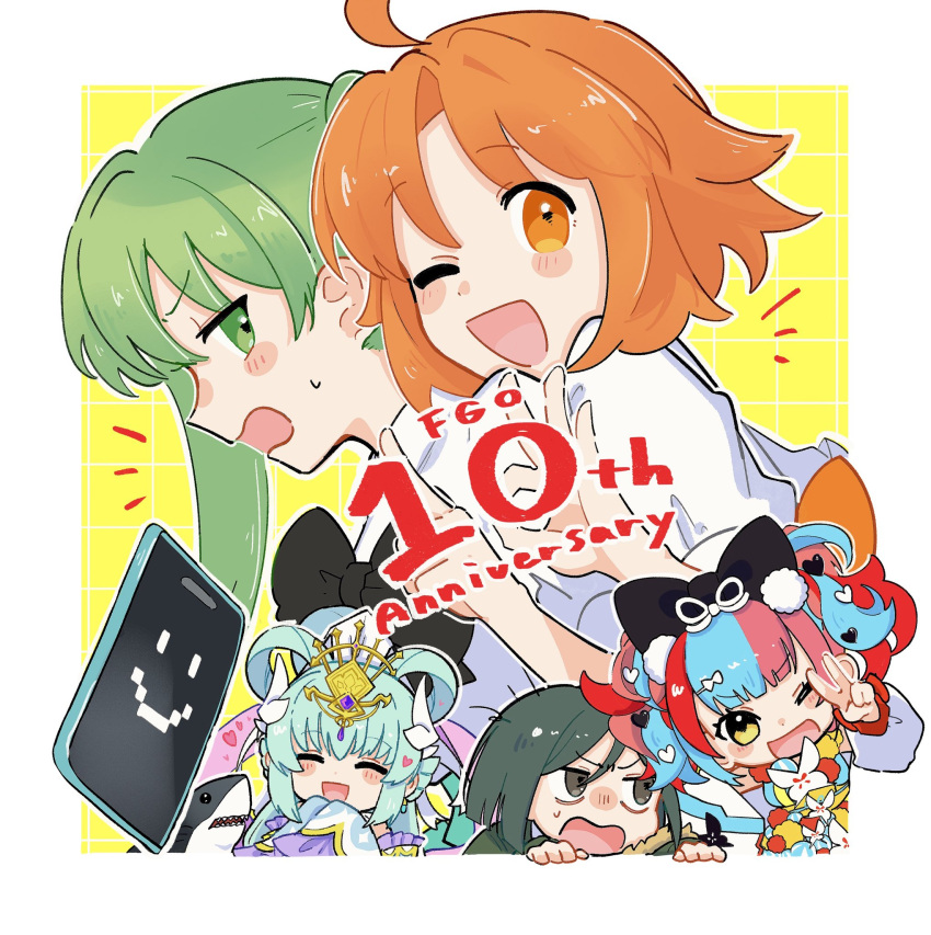 1boy, 4girls, ;d, anniversary, aqua_hair, black_bow, blue_hair, bow