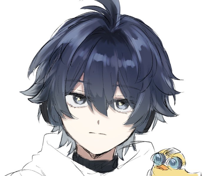 1boy, antenna_hair, black_hair, blue_hair, commentary_request, expressionless, goggles, gradient_hair