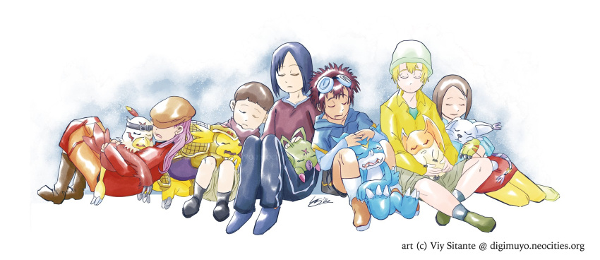 armadillo, armadimon, closed_eyes, commentary_request, digimon, digimon_(creature), digimon_adventure_02, digimon_adventure_02:_diablomon_no_gyakushu, goggles, goggles_on_head, group_picture, hawkmon, hida_iori, highres, holy_ring, ichijouji_ken, inoue_miyako, motomiya_daisuke, patamon, sleeping, tailmon, takaishi_takeru, v-mon, viy_sitante, wormmon, yagami_hikari