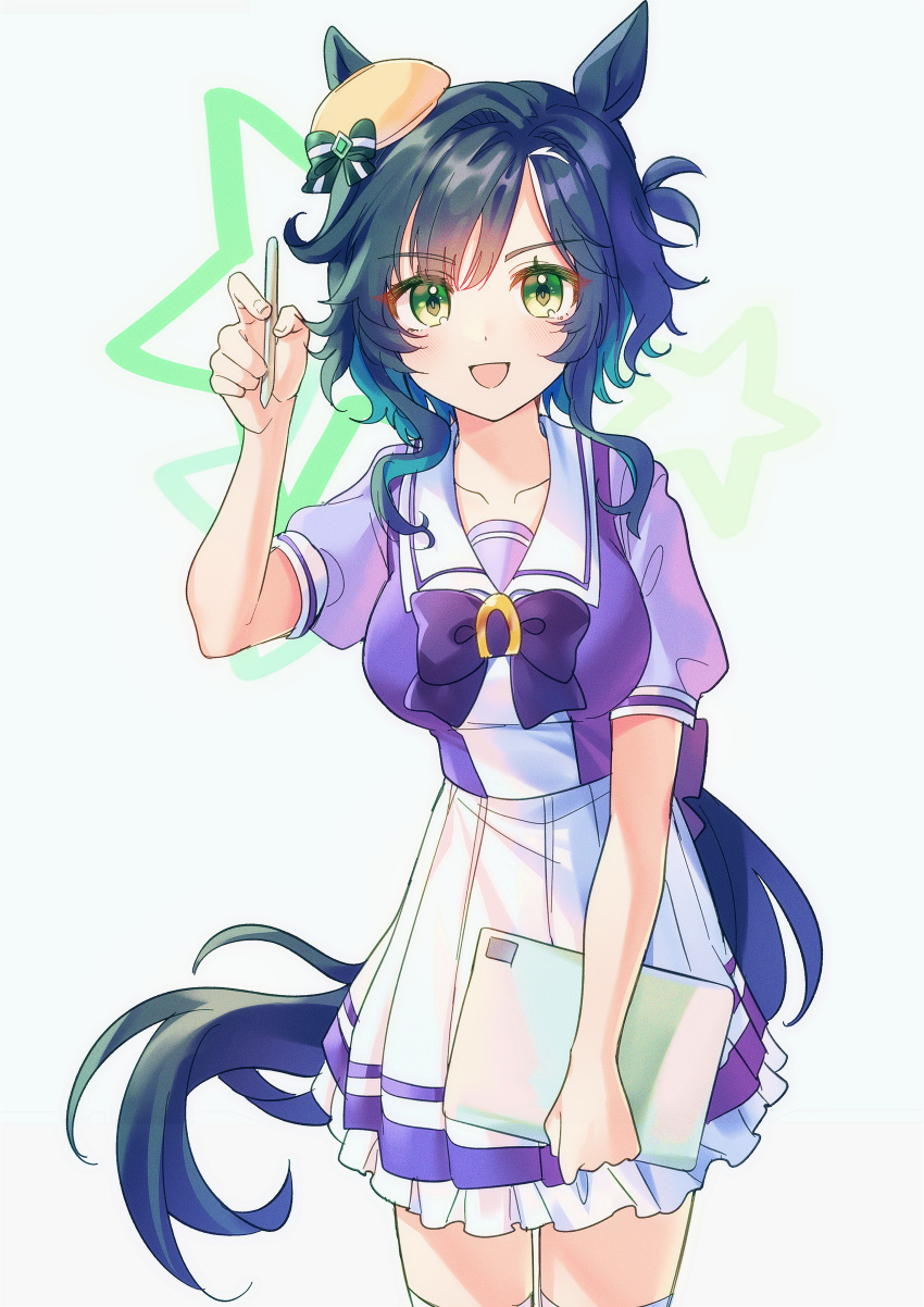 1girl, absurdres, animal_ears, aqua_hair, aqua_tail, beret, blush, bow, camellia_(camel_mal), commentary, cowboy_shot, drawing_tablet, ears_through_headwear, frilled_skirt, frills, green_eyes, hand_up, hat, highres, holding, holding_drawing_tablet, holding_stylus, horse_ears, horse_girl, horse_tail, horseshoe_ornament, kiseki_(umamusume), korean_commentary, looking_at_viewer, multicolored_hair, open_mouth, pleated_skirt, purple_bow, purple_shirt, sailor_collar, sailor_shirt, school_uniform, shirt, short_hair, simple_background, skirt, smile, solo, streaked_hair, stylus, tablet_pc, tail, thigh-highs, tracen_school_uniform, umamusume, white_background, white_sailor_collar, white_skirt, white_streaks, white_thighhighs, yellow_hat