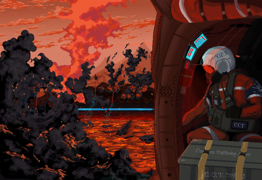 1other, absurdres, aircraft, battle, black_smoke, burning, crate, destruction