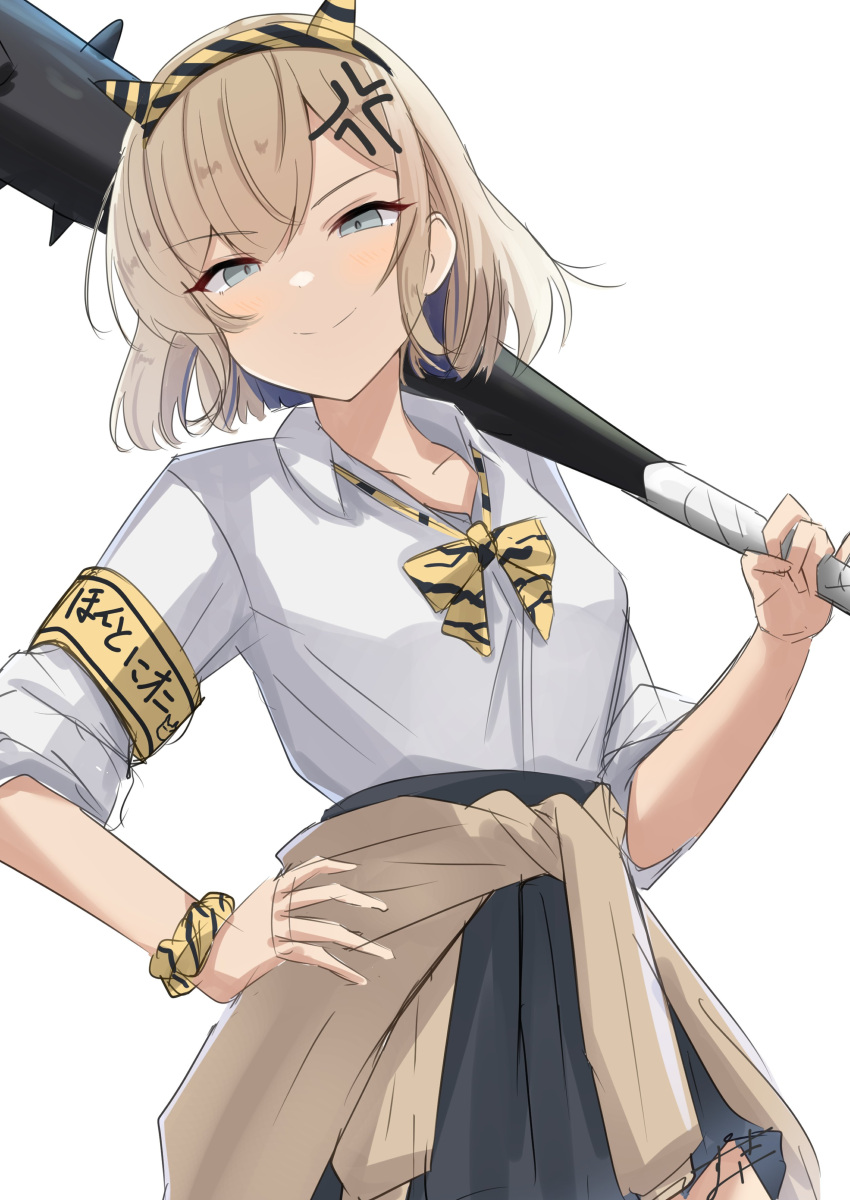 1girl, absurdres, anger_vein, animal_print, armband, black_skirt, blonde_hair, blue_eyes, blue_hair, clothes_around_waist, club_(weapon), collared_shirt, commentary_request, cowboy_shot, fake_horns, false_smile, gloire_(kancolle), gloire_kai_(kancolle), gloire_kai_(setsubun)_(kancolle), hand_on_own_hip, highres, holding, holding_club, holding_weapon, horns, jacket, jacket_around_waist, kanabou, kantai_collection, looking_at_viewer, mole, mole_on_neck, multicolored_hair, scrunchie, shirt, short_hair, skirt, smile, solo, spiked_club, sukimizaki, tiger_print, weapon, white_shirt, wrist_scrunchie, yellow_armband, yellow_scrunchie