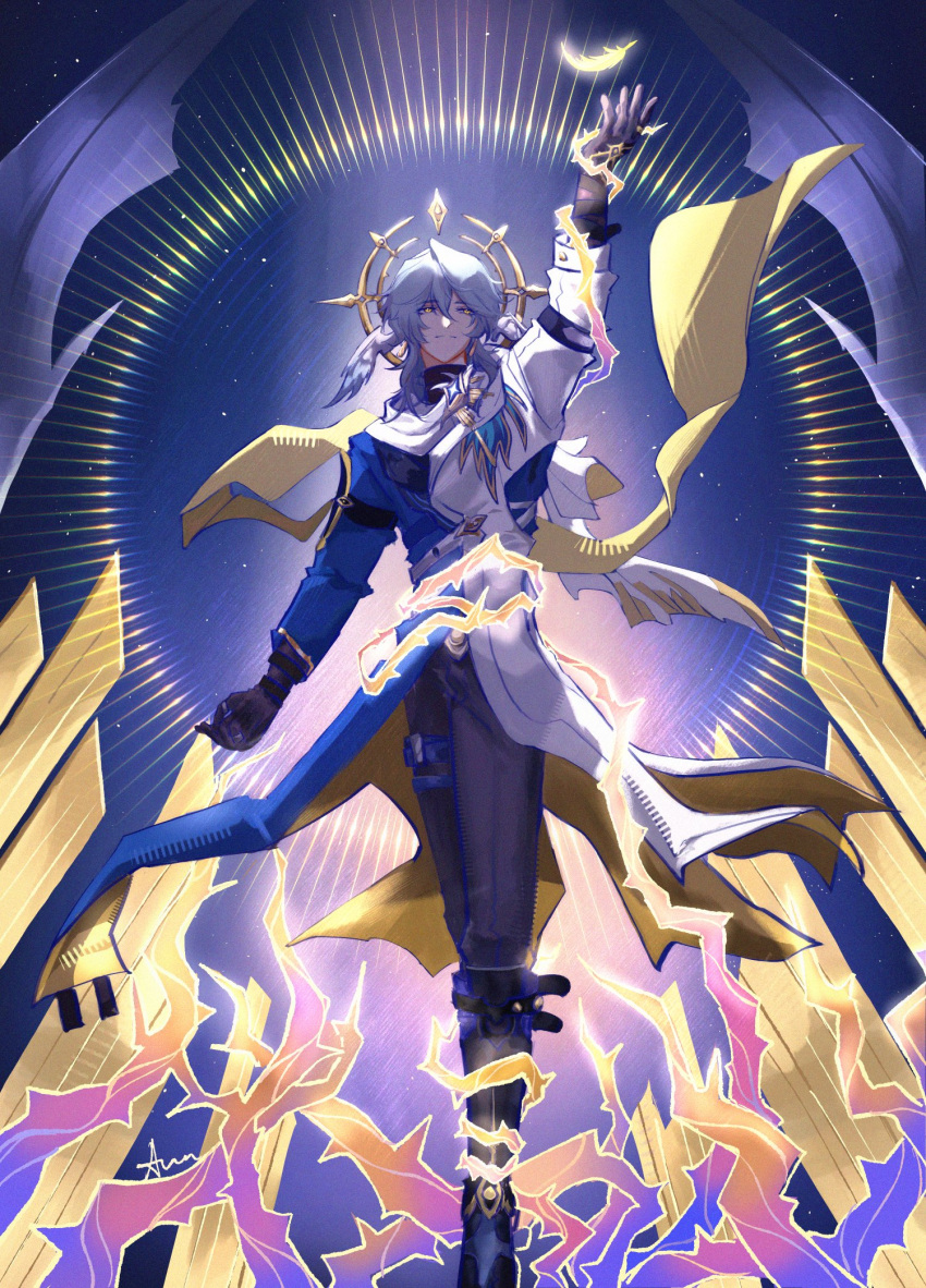 1boy, arm_belt, arm_up, blue_hair, boots, english_commentary, feathers, gloves