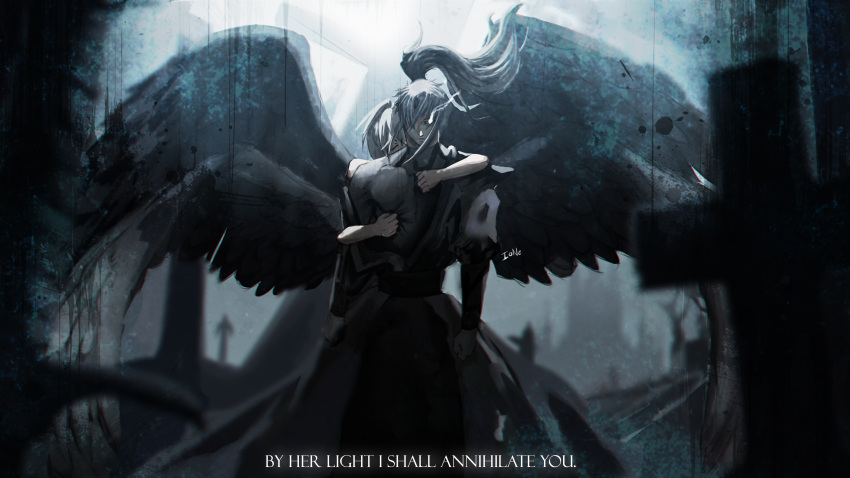 1boy, 1girl, absurdres, armor, black_armor, black_tunic, black_wings, blurry, blurry_background, cqu, english_text, facing_viewer, feathered_wings, feet_out_of_frame, flaming_eye, hair_over_one_eye, high_ponytail, highres, hug, hug_from_behind, looking_at_viewer, nephis_(shadow_slave), outdoors, ponytail, shadow_slave, shoulder_pads, standing, sunny_(shadow_slave), tunic, wind, wind_lift, wings