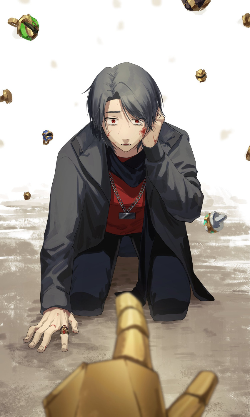2boys, absurdres, battle_damage, black_hair, black_jacket, gozyueagle, gozyuleon, gozyupolar