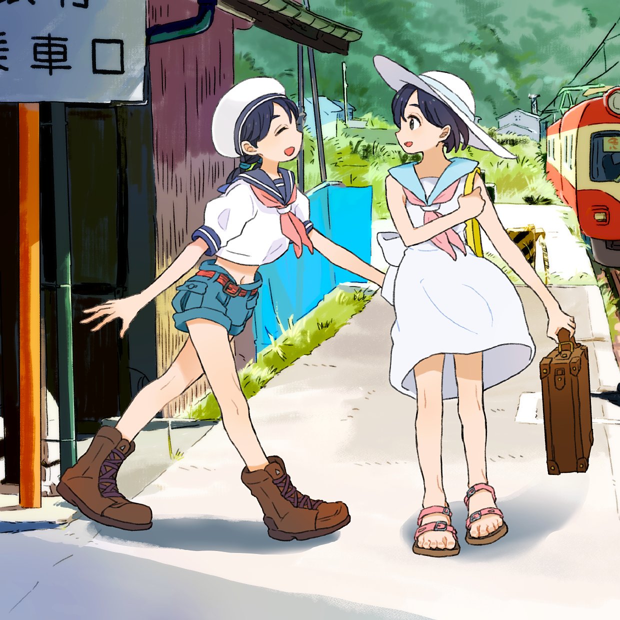 2girls, bag, black_hair, boots, closed_eyes, commentary_request, dress, hat