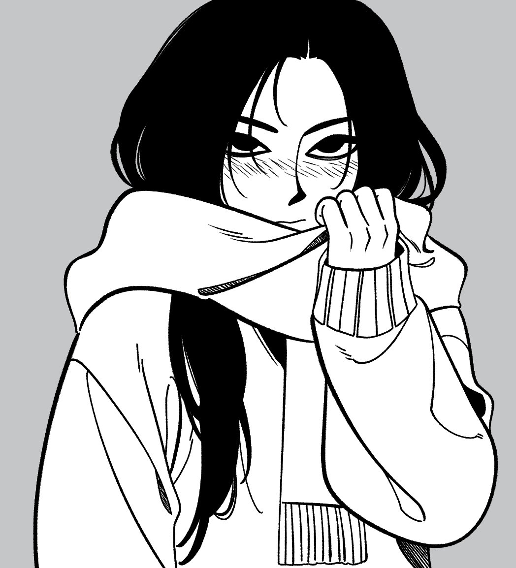 1girl, black_hair, blush, grey_background, greyscale, hood, jadoochicken, long_sleeves