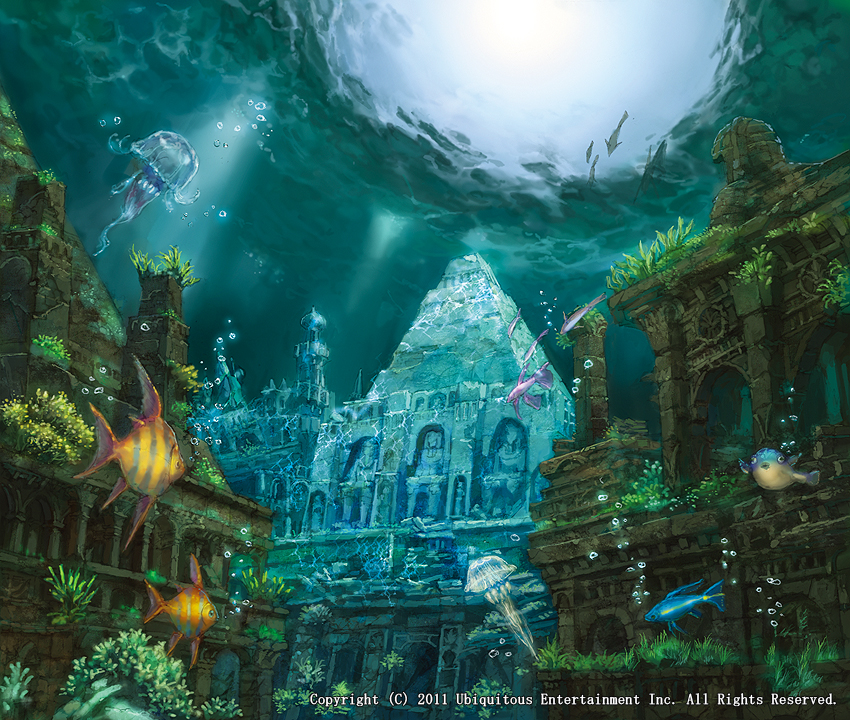 building, fish, jellyfish, landscape, munashichi, original, pyramid, ruins