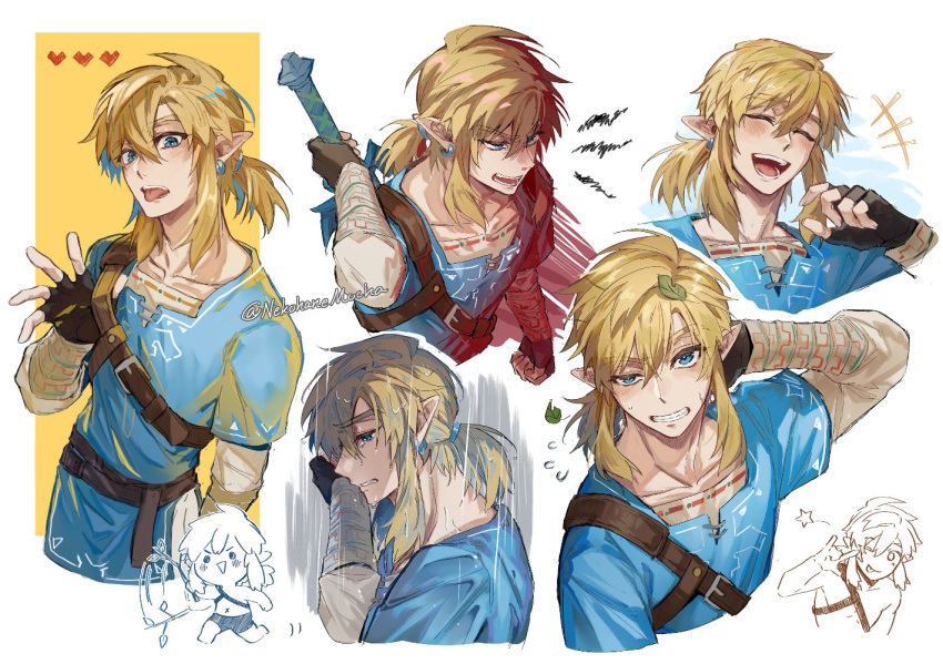 1boy, \n/, angry, arm_behind_head, bishounen, blonde_hair, blue_eyes, blush