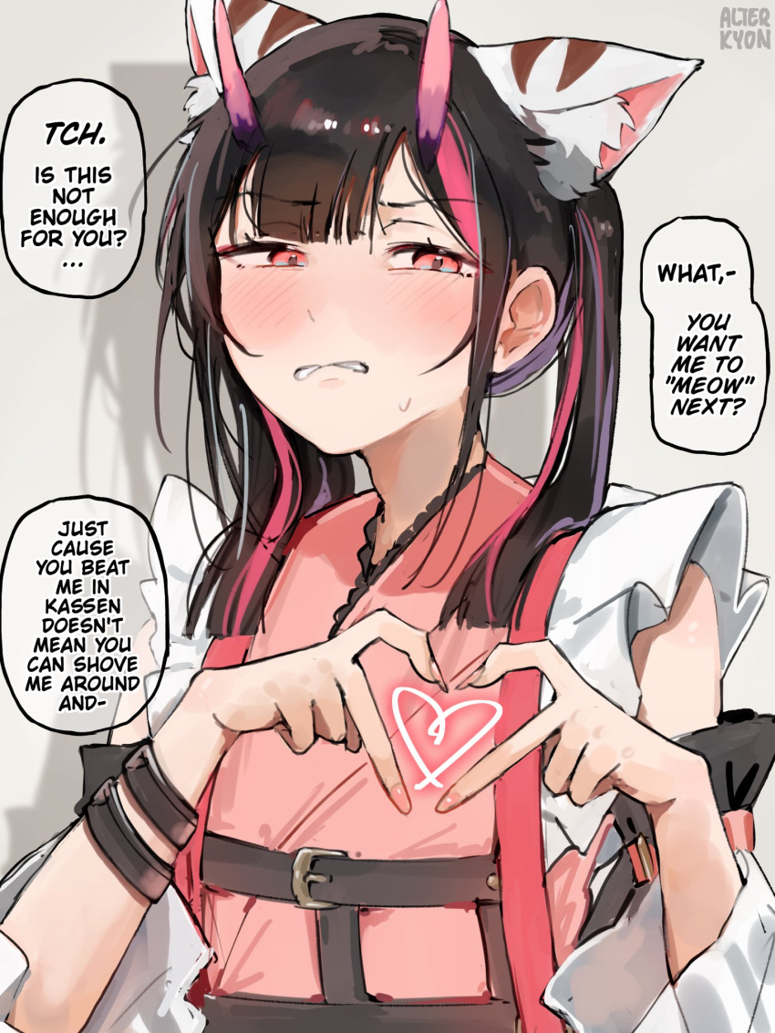 1boy, alterkyon, animal_ear_fluff, animal_ears, black_hair, blush, cho_kaguya-hime!, commentary, crossdressing, crossdressing_(mtf), detached_sleeves, disgust, english_commentary, english_text, heart, heart_hands, highres, horns, japanese_clothes, kimono, komazawa_noi, long_hair, multicolored_hair, pink_eyes, pink_hair, pink_horns, purple_hair, speech_bubble, streaked_hair, tiger_ears, trap, twintails