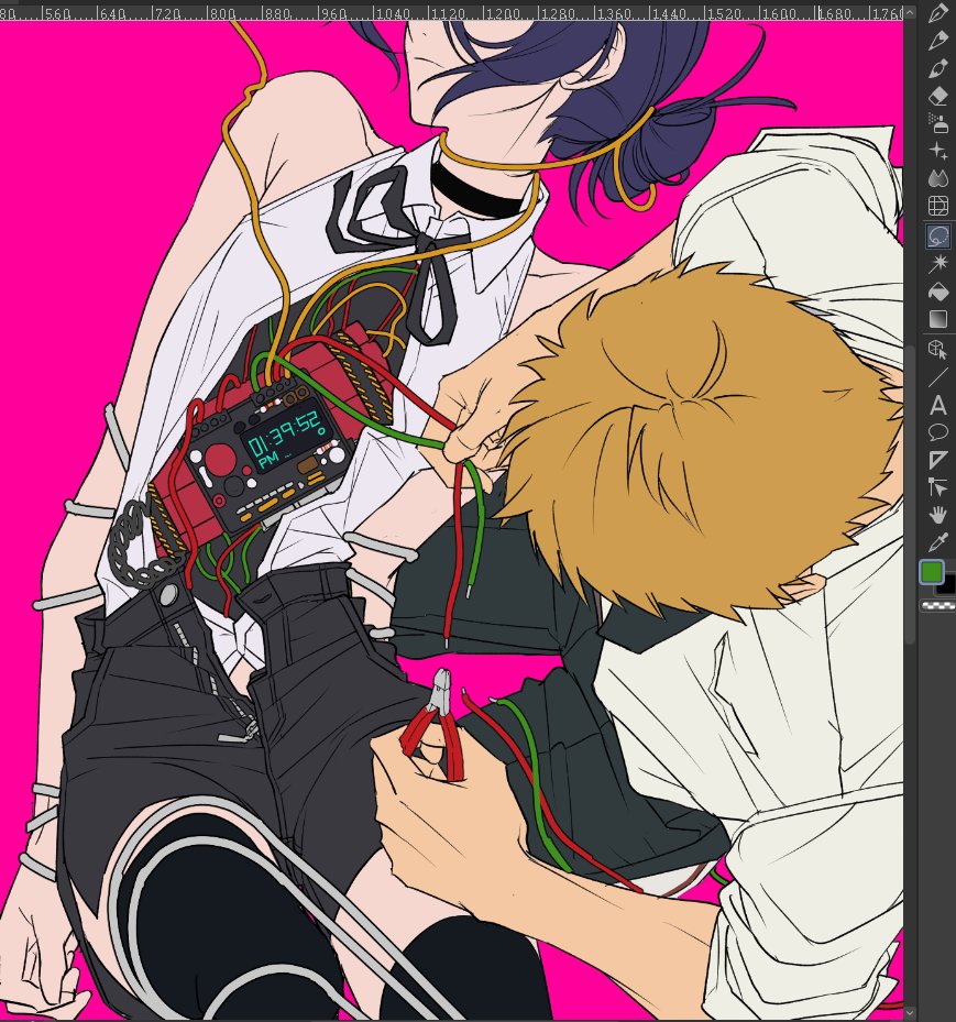 1boy, 1girl, art_program_in_frame, black_choker, black_pants, black_shorts, black_thighhighs, blonde_hair